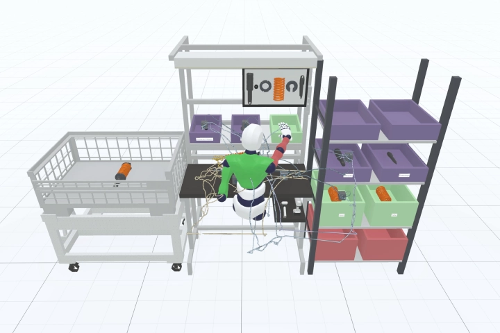 An einer Arbeitsstation wird eine Bewegungsaufnahme in Form eines animierten Avatars abgespielt. Ein ergonomische Fehlstellung wird am Arm rot hervorgehoben. Linien visualisieren die Wege der Arme und des Kopfs im 3D Raum.