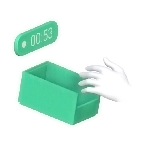 Eine Hand, die in einen Ladungsträger greift. Darüber steht eine Taktzeit.