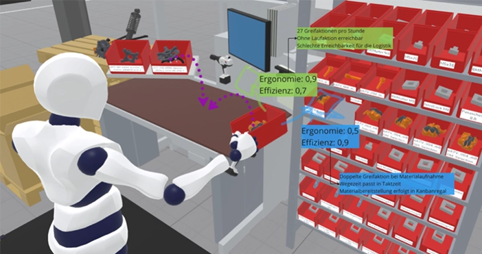 Eine Bewegungsaufnahme an einer Arbeitsstation in VR zeigt Vorschläge und Verbesserungen für diese Station.