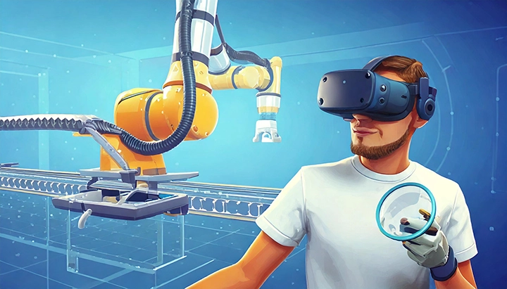 Ein Mann in VR Brille steht vor einem modularen Industrieroboter.